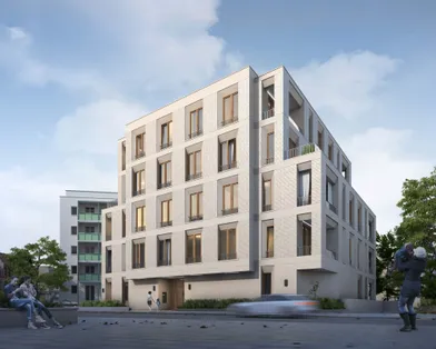 Rendering eines modernen Wohnhauses mit fünf Etagen, großen Fenstern und Personen im öffentlichen Raum